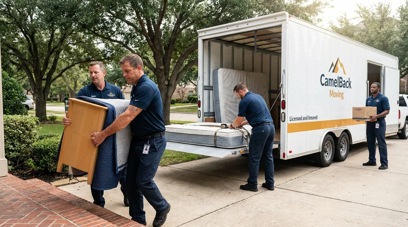 Crew loading residential truck for cross-state move from Burnet, TX