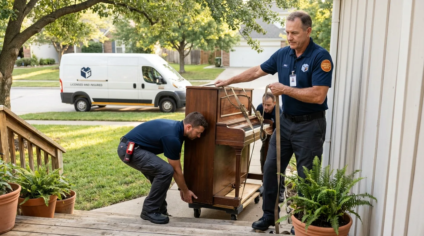 Licensed piano movers securing grand piano in Burnet, TX