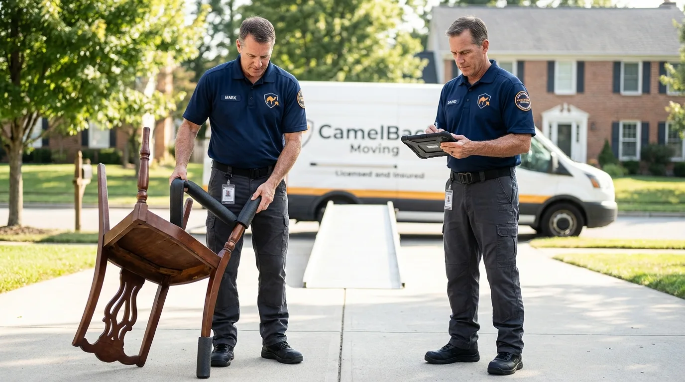 Movers inspecting furniture for damage prevention before loading in Burnet, TX