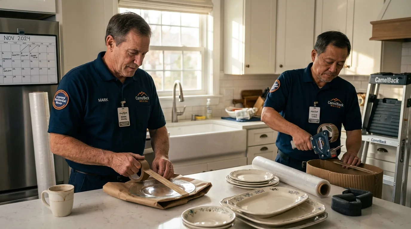 Professional crew packing kitchen dishware in Burnet, TX